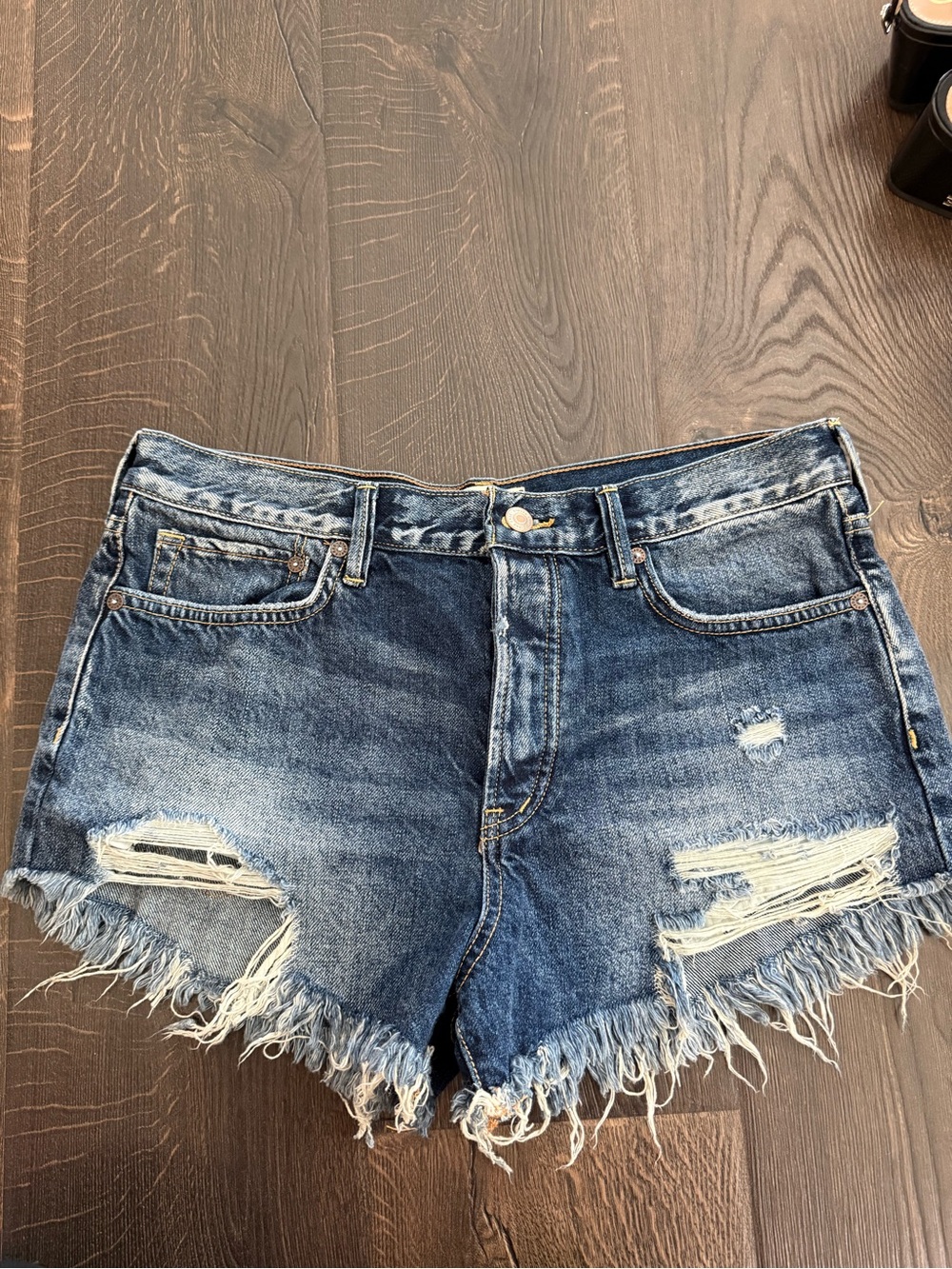 We The Free Distressed Frayed Hem Denim Shorts - Blue